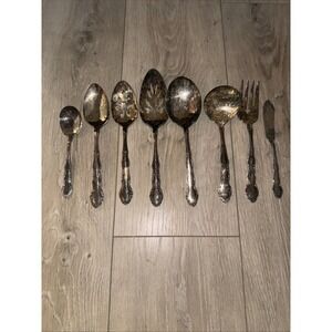 8 Pc Serving Spoons Ladle Fork Rogers Oneida Flirtation 1959 vintage Silverplate